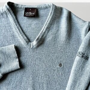 Oscar Jacobson Sweater Mens Large Gray 100% Merino Wool Jumper V-Neck Italy